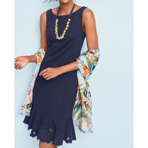 NEW Talbots 16P $139 Navy Embroidered Ponte Sheath Dress Coastal Grandma